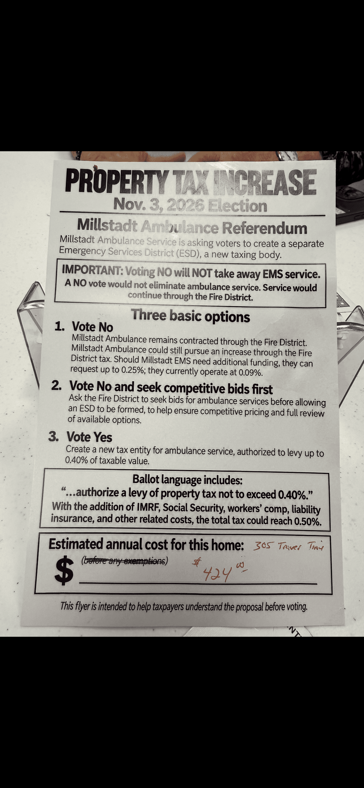 Circulated Millstadt ambulance referendum flyer with a handwritten annual cost of $424 for 305 Traver Tine.
